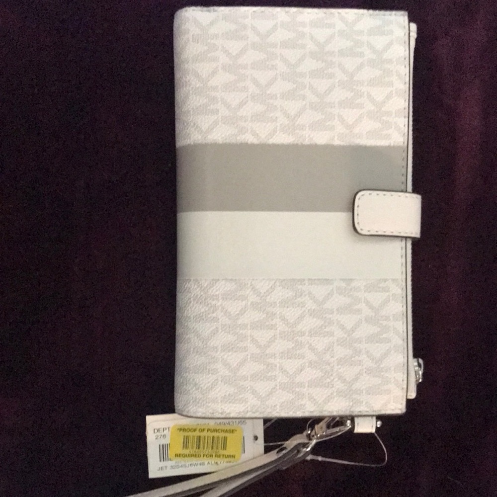 Women's White and Light Gray Stripe Wristlet Wallet